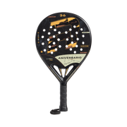 Royal Padel 36 Aniversario Poly 2026 racket in black with gold R logo, front view