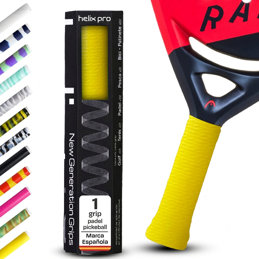 Helix Pro padel grip in yellow, shown in pack and fitted on a racket handle