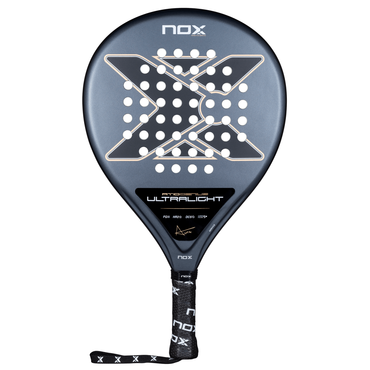 Nox AT10 Genius Ultralight 2026 padel racket by Agustín Tapia, front view, dark grey teardrop shape
