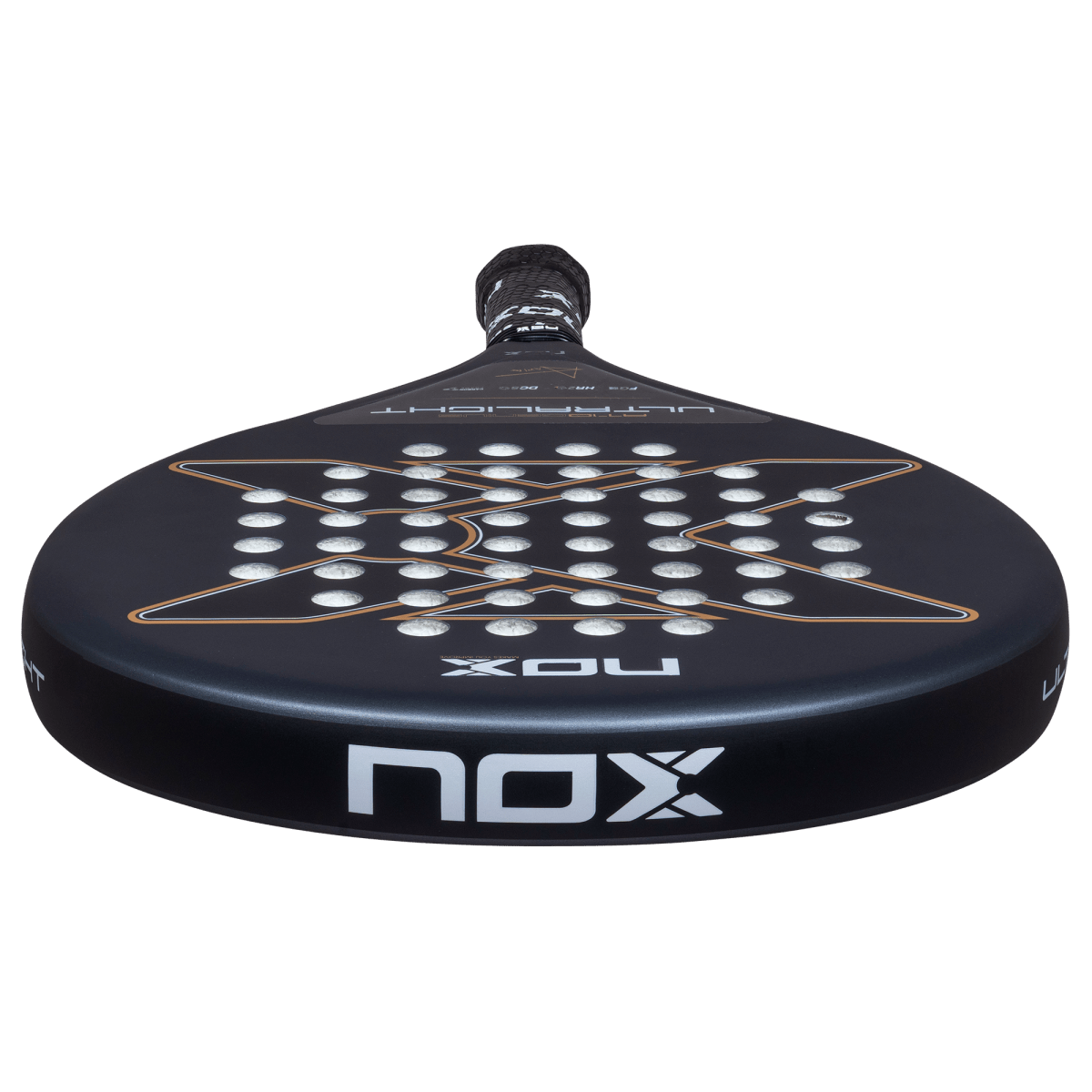 Nox AT10 Genius Ultralight 2026 padel racket lying flat, matte black face and NOX logo on the frame